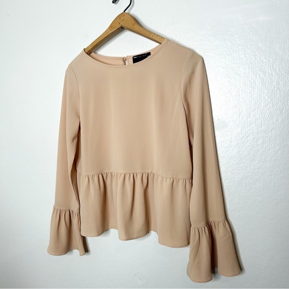 ASOS Design Lightweight Long Bell Sleeve Peplum Blouse Neutral Nude Beige 4 - Picture 3 of 8